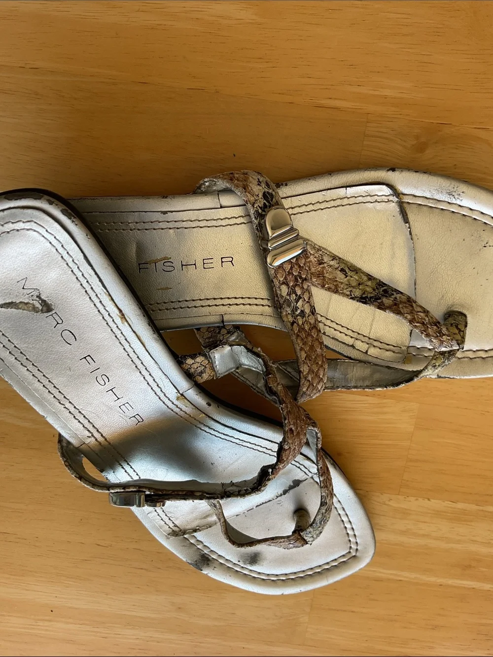 Marc Fisher Brown/Silver Snake-Print Strap heeled Sandals (9)